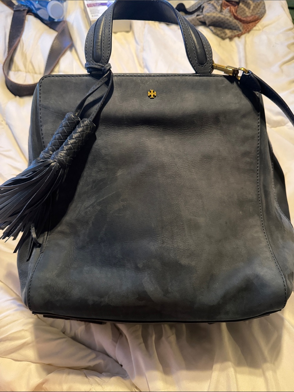 Tory Burch Dark Blue Suede/ Leather Tassel Tote